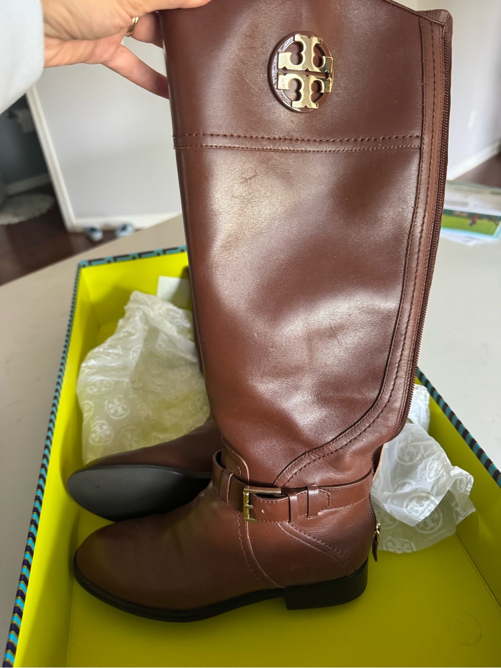 Tory Burch Brown Leather Tall Riding Boots with Gold Logo